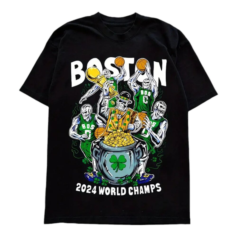 Boston Celtics 2024 NBA Champions T-Shirt Tee Pot Of Gold Black